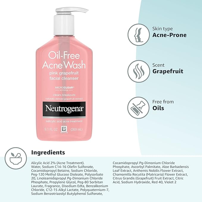 Neutrogena Oil-Free Acne Wash Pink Grapefruit Facial Cleanser - with Salicylic Acid for Clear Skin, Daily Face Wash for Oily & Acne-Prone Skin, Deep Cleansing Treatment, 9.1 fl. oz. Bottle