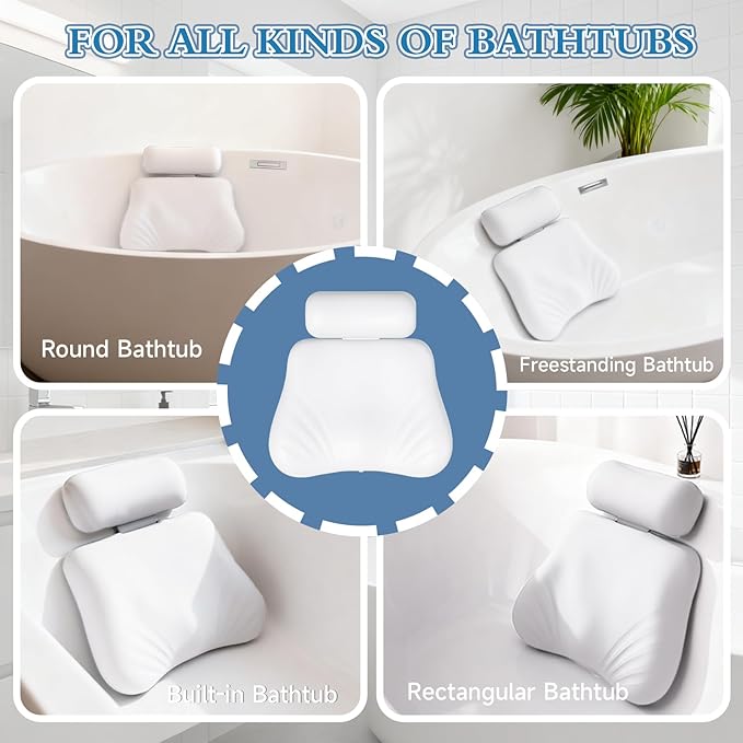 Silicone Bath Pillows for Tub, Easy Clean, Quick Dry, Non Slip Bath Pillow, Head and Back Both Inflatable Adjustable, Comfortable Luxury Bathtub Pillow with 5 Large Suction Cups