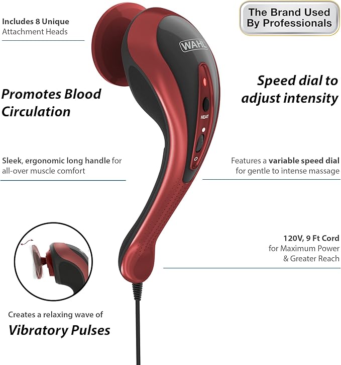 Wahl Clipper Deluxe Heated Therapy Corded Handheld Rotary Massage Kit, 8 Unique Attachments for Back, Neck, Leg, Hand Massage, FSA Eligible, Model 4344