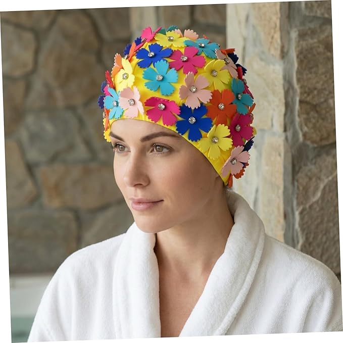 Toyvian Ladies Flower Swimming Cap, Simulation Floral Petal Swim Hat for Women, Rhinestone Bathing Hat for Pool Beach Spa