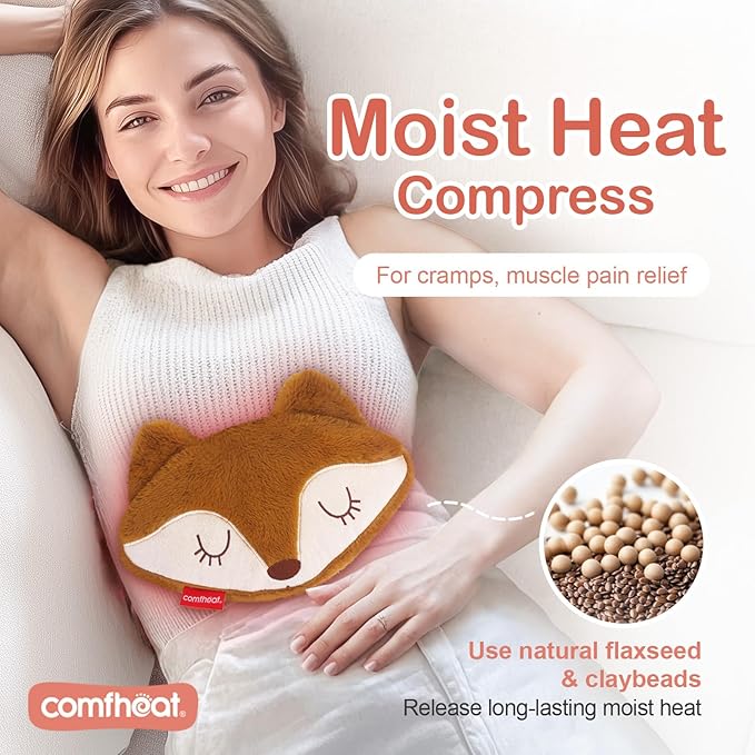 Fox Microwave Heating Pad for Pain Relief, Unscented Microwavable Heating Pads Stuffed Animal for Cramps, Neck Shoulder, Muscles, Natural Small Heat Pack Moist Heat with Washable Cover