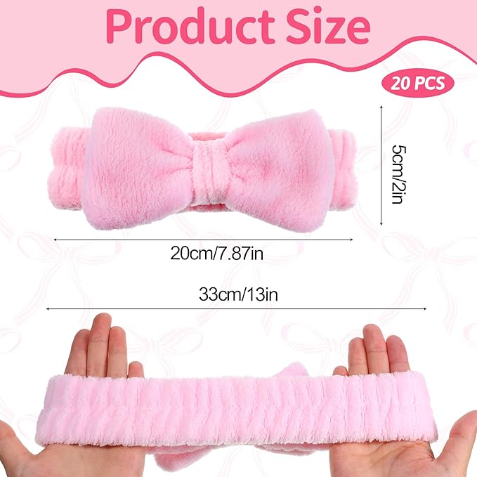 20 PCS Spa Headband Bulk, Pink Spa Headbands for Women, Hair Band for Washing Face Beauty Shower Skincare, Elastic Bowknot Make up Headband