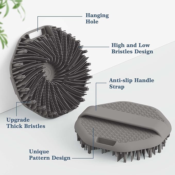 ManmiHealth 2 PCS Silicone Body Scrubber Shower Brush, Upgrade Super-Exfoliating Shower Scrubber with Non-Slip Hand Strap, Silicone Body Buffer for Use in Shower with a Free Hook (Black+Gray)