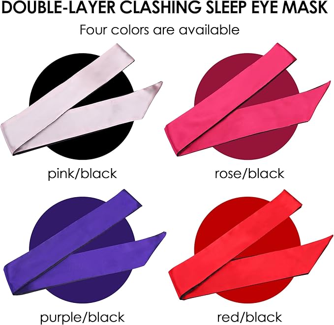 FRESHME 2pcs Satin Blind Eye Sleeping Mask - Silk Adjustable Satin Blindfold Gift Soft Eye Covers for Travel Nap Bedroom, Double Sides Pink & Black+Black 2pc Set