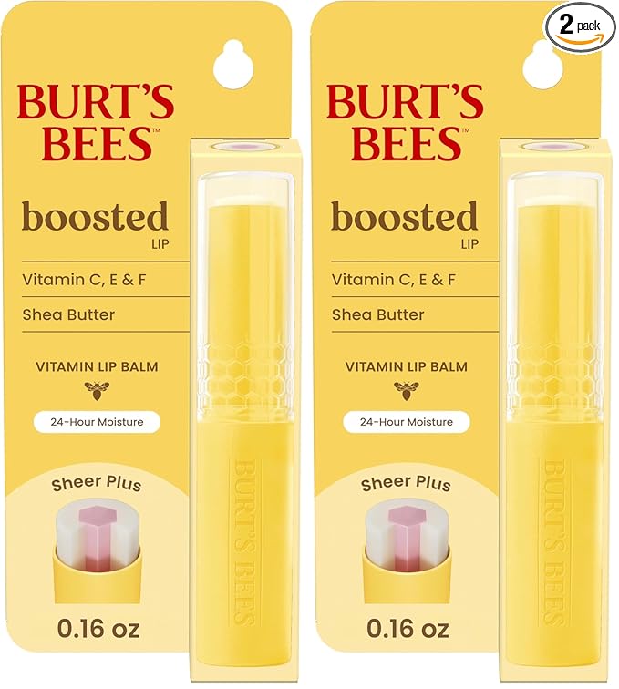 Burt's Bees Boosted Lip Balm Sheer Plus; Vitamin Lip Balm, Nourishing Vitamin C, E, and F Core; 24 Hour Moisture; Tint Free, Semi Glossy Finish; 100% Natural Origin; 1 Tube; 0.16 Oz. (Pack of 2)