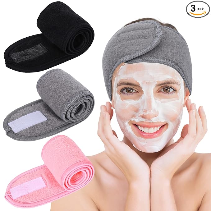 Whaline Spa Facial Headbands 3 Pieces Make Up Wrap Head Terry Cloth Headband Soft Adjustable Towel Band for Face Washing Shower Facial Cover Yoga(Black, Pink, Gray)