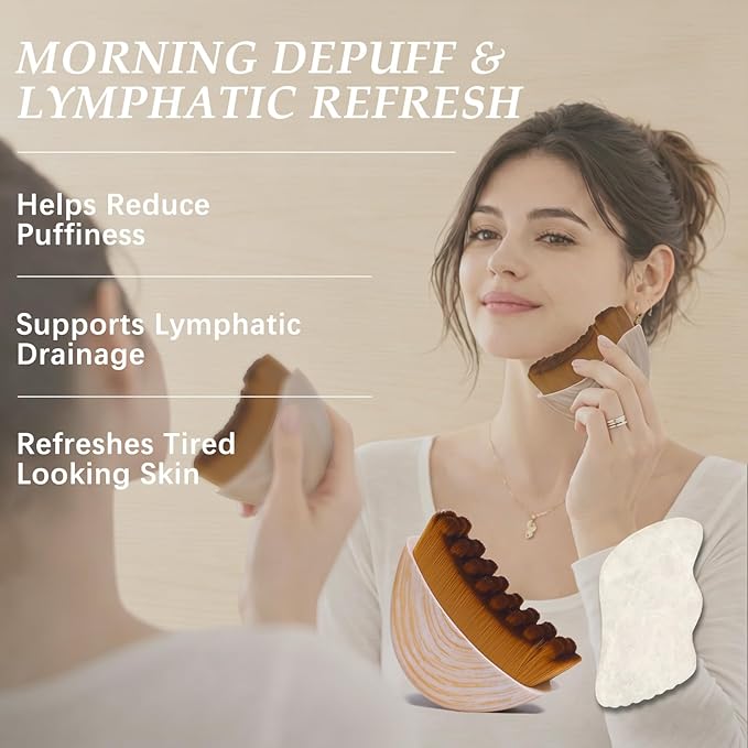 Lymphatic Contour Face Brush & White Jade Gua Sha Stone, Lymphatic Drainage Brush for Face & Neck, Face Brush for Lmphatic Drainage, Sculpting & Depuffing, Gua Sha Facial Tool for Skin Care