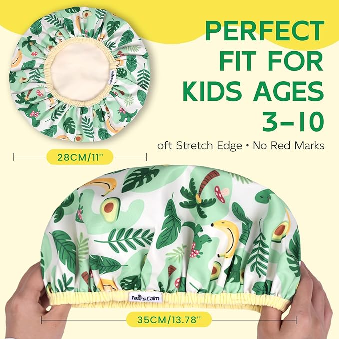 Years calm Kids Shower Cap, Waterproof Reusable Cartoon Bath Cap with Double Layers & Soft Elastic Band, Washable shower cap for kids, Great for Daily Bath