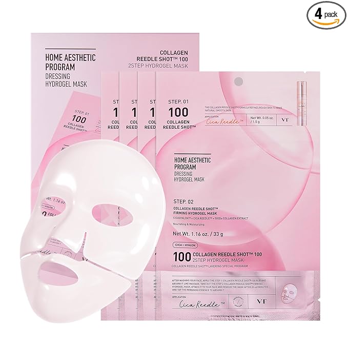 VT COSMETICS Collagen Reedle Shot 100 2-Step Hydrogel Mask (34.5g x 4ea), Firming & Elasticity Care, Exosome 500Da, Fine Lines, Hydrating Overnight Melting Mask, Korean Skincare, Facial Gel Mask