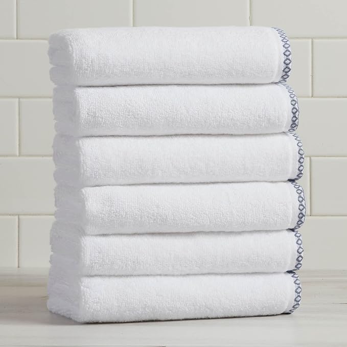 Great Bay Home Blue/White Hand Towel Set - Ultra-Soft Cotton, Boho-Chic Border Design - 6 Hand Towels (28" x 16") - Absorbent, Quick-Dry, Lightweight Bathroom Towels