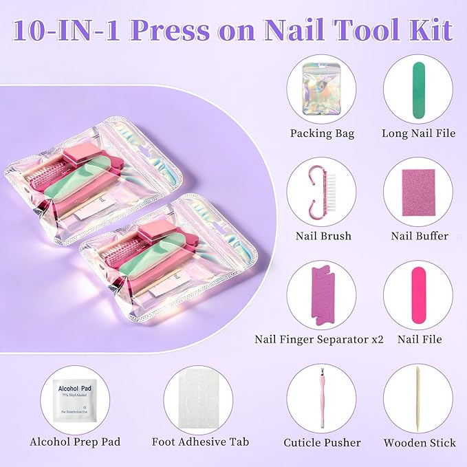 TADOPRO Press On Nail Tool Kit, Disposable Nail Prep Kit for Toenails Salon Home Nail Business Supplies with Toe Separators, Nail File, Handle Grip Nail Brush, Cuticle Trimmer Push(5pcs Set)