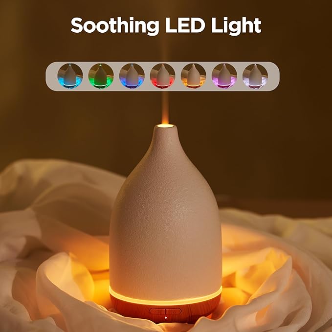 InnoGear Oil Diffuser, 150ML Ceramic Diffuser for Essential Oils Handcrafted Aromatherapy Diffuser Mother's Gift Ultrasonic Cool Mist Humidifier with 2 Mist Modes Waterless Auto Off for Home, White