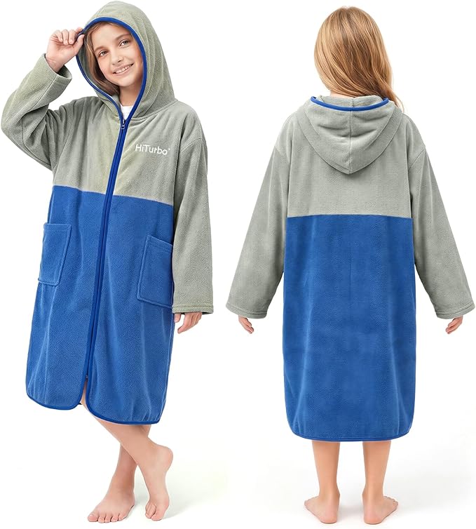 Hiturbo Kids Bath Towel Hoodie: Zipper Surf Poncho Long Sleeve Quick Dry - Absorbent Changing Towels Swimming Outerwear for Beach Pool - Gray/Blue