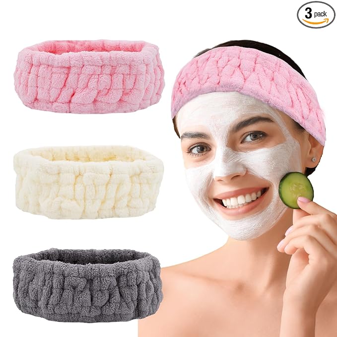 Microfiber Spa Headband 3-Pack, Soft Terry Cloth Headband for Washing Face, Facial Mask, Makeup, Shower, Yoga, Gift for Women and Teens (Gray+Milk White+Pink)