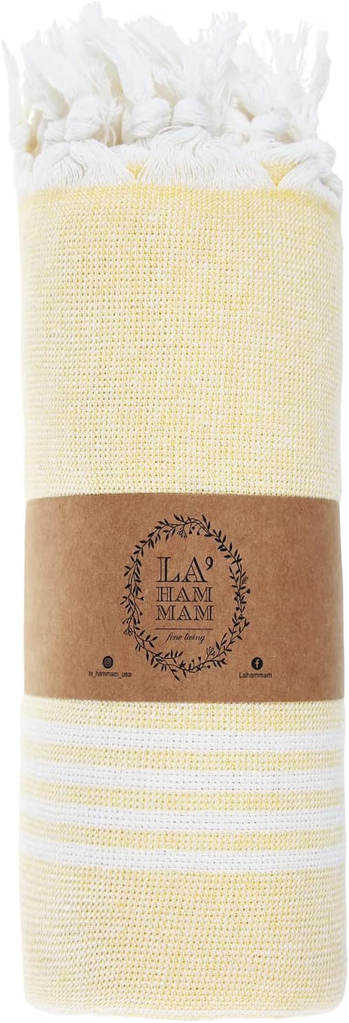 Beach Towel | Cotton Beach Towels, Easy to Carry, Sand Free, Highly Absorbent, Quick Dry, Turkish Towels for Travel Camping Bath Sauna Beach Gym Fitness Pool Yoga SPA by Lahammam, Asena, Yellow