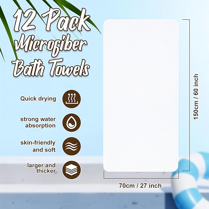 SmoothNovelty 12 Pack Microfiber Bath Towels Bulk 27'' x 60'' Oversized Beach Towel Highly Absorbent Extra Large Soft Drying for Shower Pool Salon Sauna Bathroom Gym Party (Square,White)