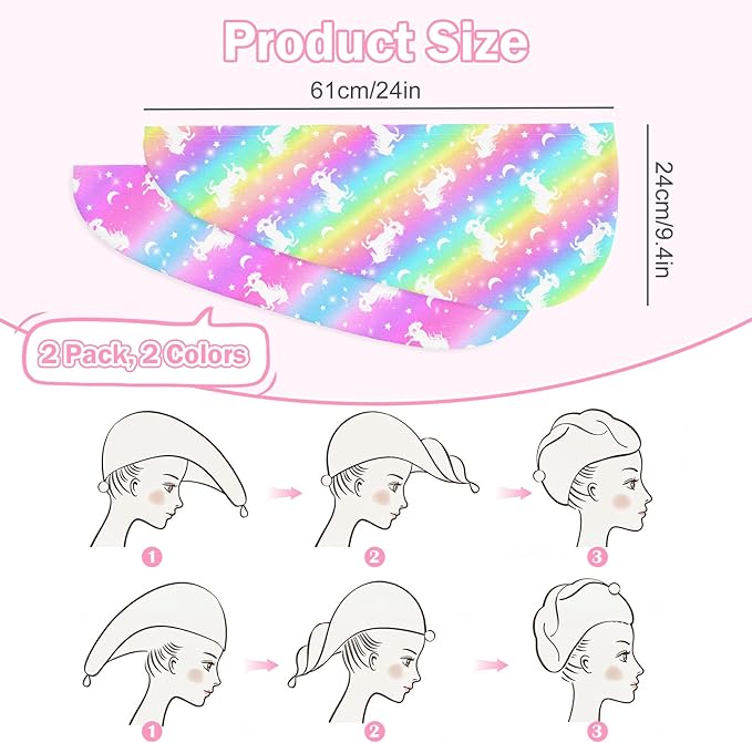 Microfiber Hair Towel Wrap for Kids Hair Drying Towel Wrap with Button 2 Pack Wet Hair Towel Wrap Head Towels Wrap for Girls