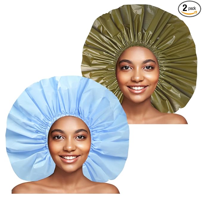 Jumbo Size Shower Cap 2 PCS Waterproof Shower Caps for Women, Extra Large Shower Cap, Reusable Super Large Bath Caps Hair Cap for Long Thick Curly Hair, Locs, Twist Braids - Blue+Green