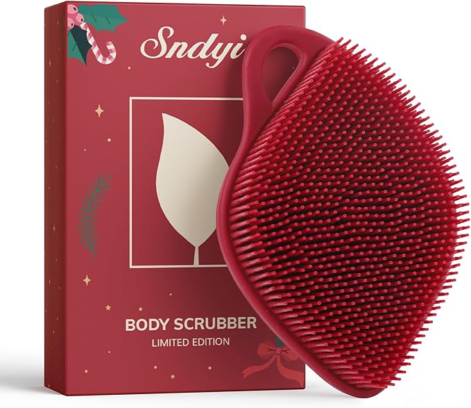 Sndyi Silicone Body Scrubber, Gentle Exfoliating Body Scrubber for Sensitive Skin, Leaf Shaped Shower Scrubber for Body with Lathering Bristles, Silicone Loofah Body Brush for Showering, Red