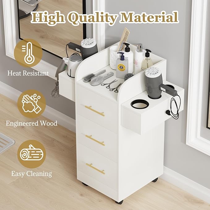 4ever2buy Rolling Salon Station for Hair Stylist, Salon Trolley Cart with with Wheels, Hair Stylist Beauty Barber Station, 6 Hair Dryer Holders & 3 Drawers, White and Gold