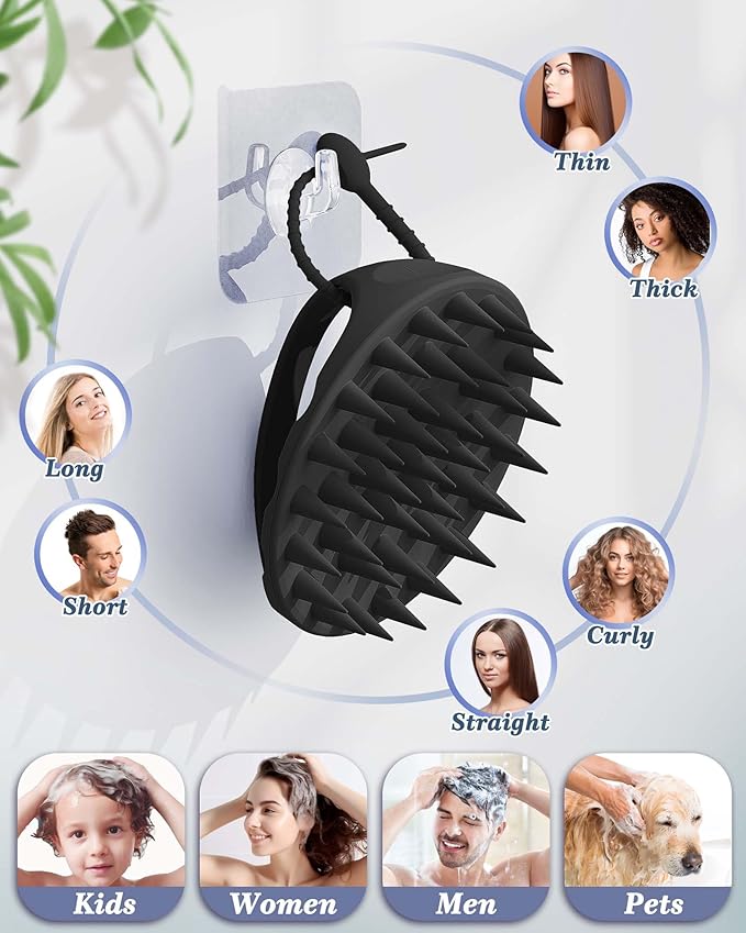 Manmihealth Large Hair Scalp Scrubber, One-piece Silicone Scalp Massager for Wet Dry, Long Bristles Shampoo Brush for Dandruff Removal and Hair Growth with Free Strap&Hook.(Style 2 Black)