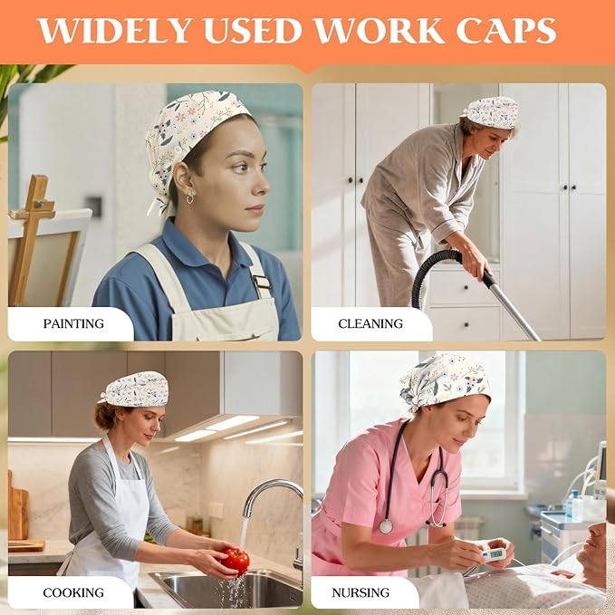 Adjustable Scrub Cap with Buttons & Sweatband, Working Hat with Elastic Tie Back, Unisex Nurse Surgical Caps for Women & Men