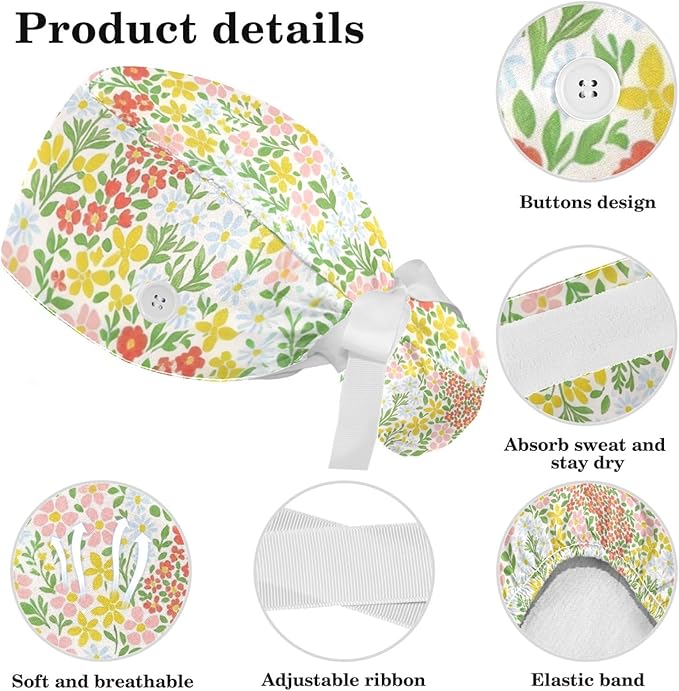 Scrub Caps Women Nursing Hats Floral Flowers with Buttons Ponytail Working Adjustable Pouch Tie Back