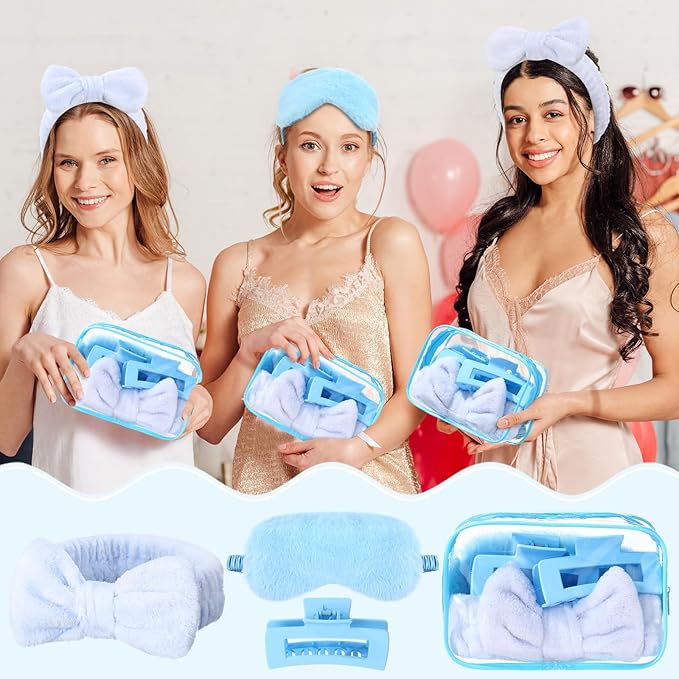 Hoteam 24 Pcs Spa Party Favors Supplies 6 Spa Headband 6 Plush Sleep Eye Mask 6 Hair Claw Clips 6 Clear Cosmetic Bags for Adult Sleepover Slumber Party Graduation Gift(Blue)
