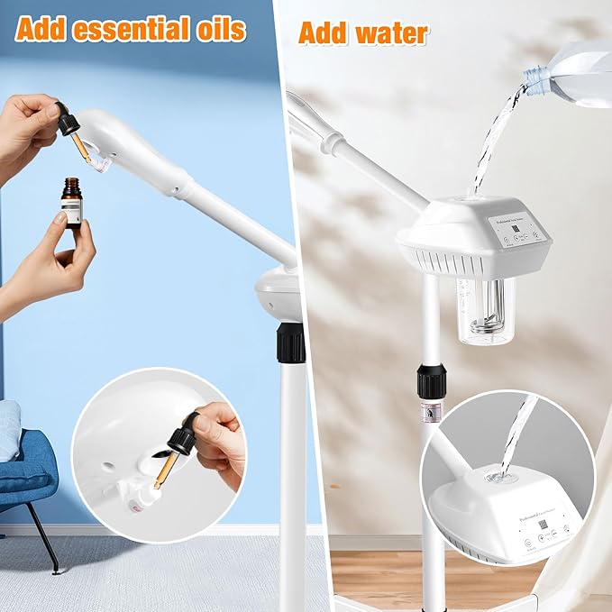 Professional Facial Steamer, Esthetician Steamer on Wheels with Hot Mist, Stand Face Steamer for Facial Deep Cleaning, Steamer for Facial for Personal Care or Spa, Moisturizing and Hydrating, White