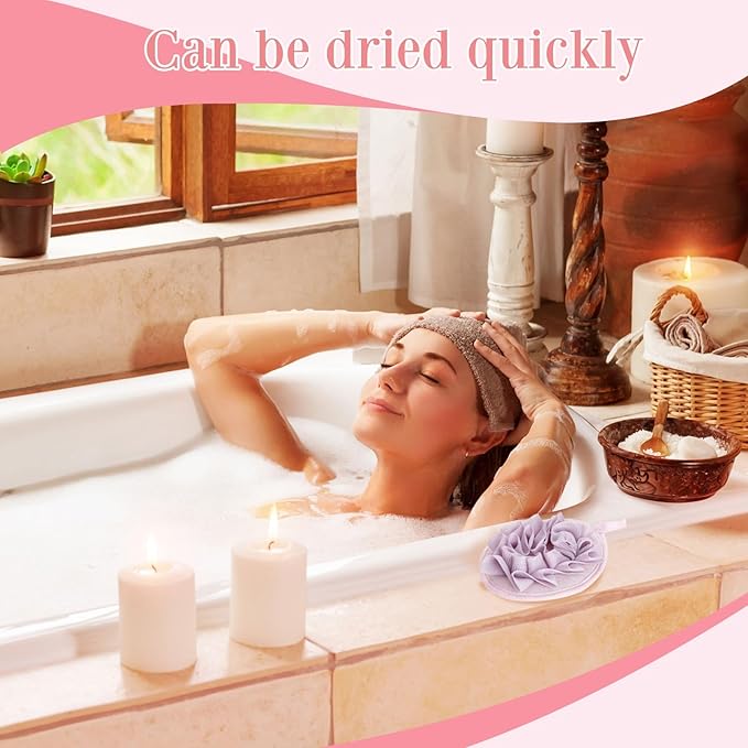 Boao 3 Pcs Bath Shower Pouf Sponge Mesh Pouf Shower Ball Exfoliating Body Sponge Pad Scrubber Glove with Flower Bath Ball (Beige,Dark Pink Purple)