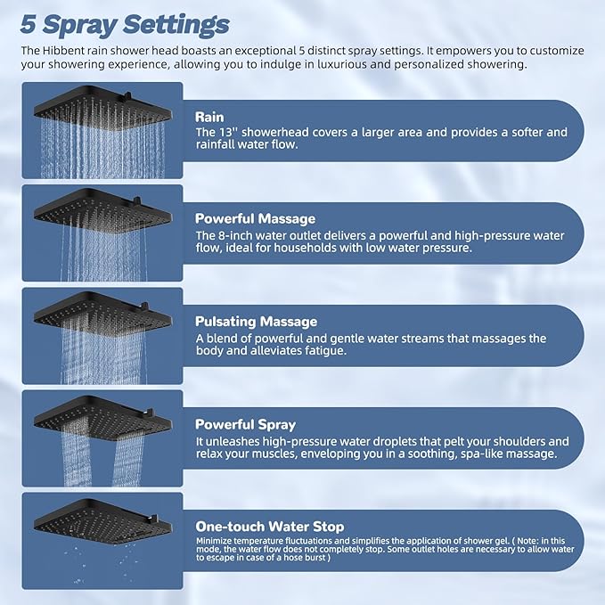 Hibbent 5-spray Filtered Rainfall Shower Head Combo, High Pressure 13'' Showerhead with Stainless Steel 4 Spray Modes Handheld, All Metal 4-way Diverter Arm, Pause Mode, 71'' Hose& Holder, Matte Black