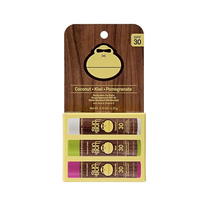 NEW Sun Bum SPF 30 Sunscreen Tropical Lip Balm 3 Pack - Pomegranate, Kiwi, Coconut - Moisturizing Aloe Vera and Vitamin E - Vegan and Cruelty Free - UVA/UVB Lip Protection - 0.15 oz, 3 count