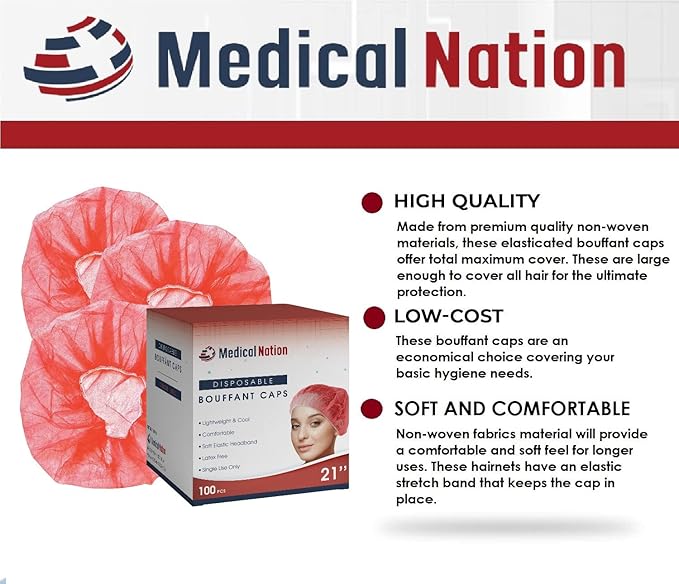 Medical Nation 21" Disposable Bouffant Caps | CASE of 1000, RED | Hairnets, Non-Woven, Non-Pleated Head Hair Covers | for Medical, Labs, Nurse, Tattoo, Food Service, Hospital, Cooking - Size 21" Red