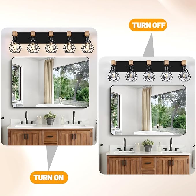FadimiKoo 5-Light Farmhouse Wood Wall Sconces Lighting, Black Vanity Lights Over Mirror with Metal Cage Lampshade, Rustic Bathroom Wall Mounted Lamp for Mirror, Living Room, Bedroom, Hallway