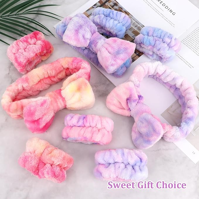 CIEHER 12 PCS Makeup Headband for Women Wrist Washband Scrunchies Cuffs for Washing Face, Soft Bow Hair Band Matching WriMakeup Headband for Women stbands (9 Pack Multi-colored)
