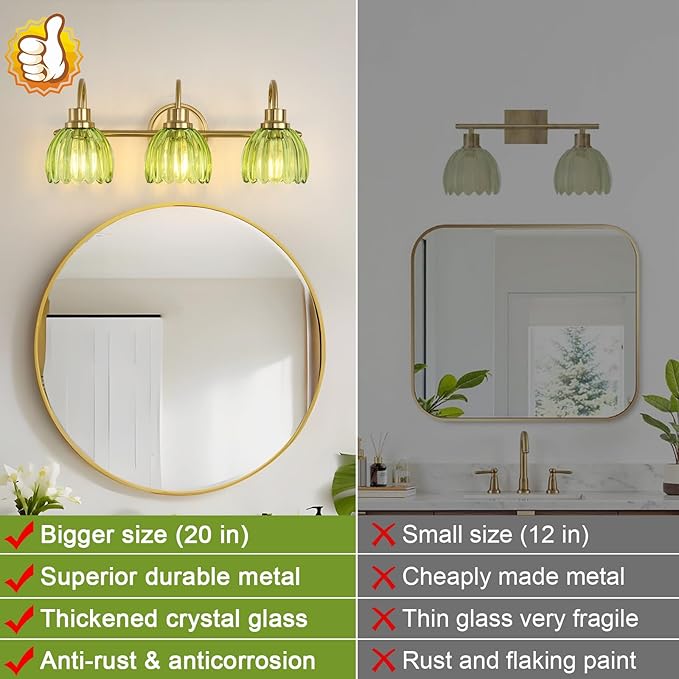 Bathroom Light Fixtures (3-Light, 20 Inch), Brushed Gold Vanity Lights for Bathroom with Ribbed Green Tulip Glass Shade, Vintage Vanity Wall Lights for Mirror Bedroom Living Room Hallway