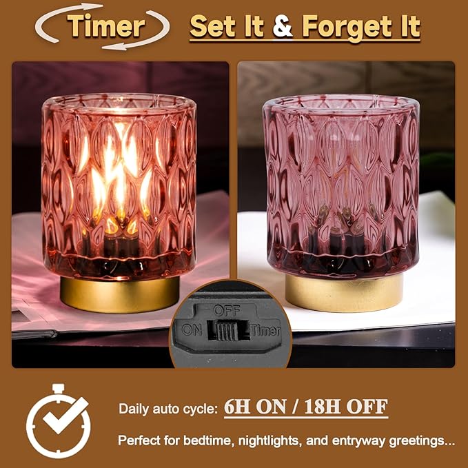Battery Operated Table Lamps Timer, Mini Crystal Lamp for Area No Plug, Cordless Lamp with LED Bulb for Power Outage, Decorative Lamps for Tabletop/Corner/Entryway/Stairway/Bathroom/Fireplace (2 Pink)
