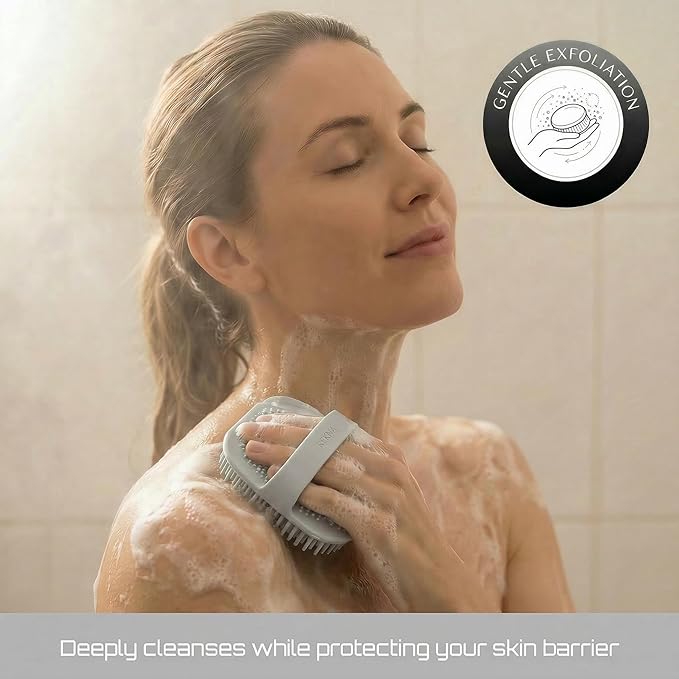 Silicone Body Scrubber for Shower - Exfoliating Body Brush with Non-Slip Grip - Durable Loofah Alternative - Soft Bristles for Gentle Cleansing, High Lather & Quick Drying, Grey