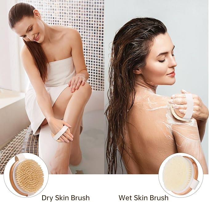 2-in-1 Wood Body Brushes - Wet & Dry Shower Brush, Soft & Stiff Bristles, Cellulite & Lymphatic Massage, Suitable for All Skin Types