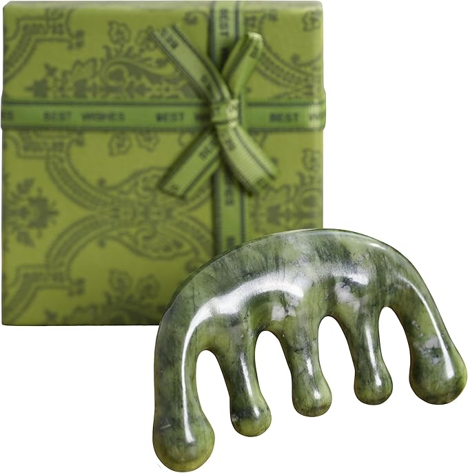Meridian Massage Comb for Face & Scalp, Natural Stone, Stimulates Blood Circulation, Promotes Meridian Flow, Multi-Purpose Head Massager for Relaxation & Wellness (Jade-Green_Comb)