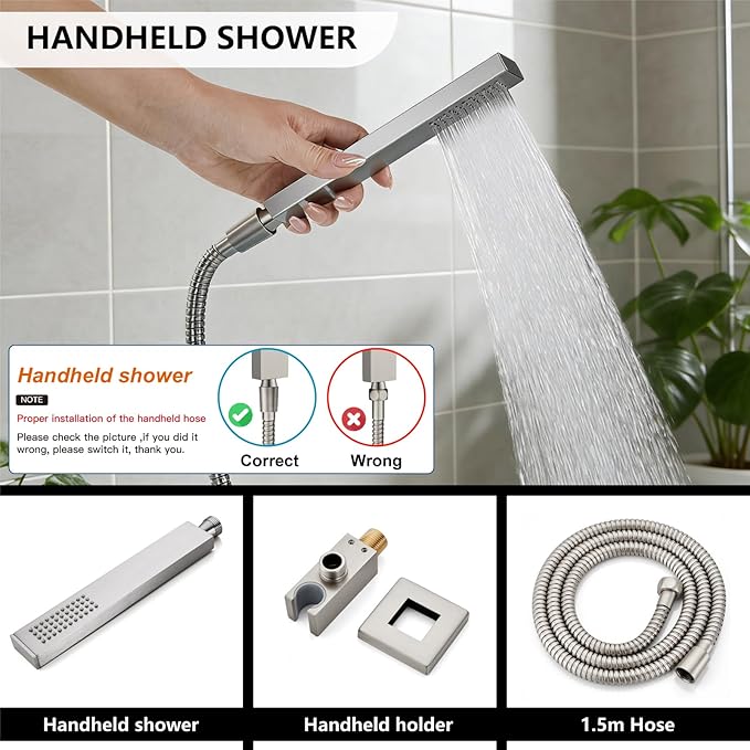 Midanya Shower System with Tub Spout,Bathtub Shower Faucet Set with Square Rainfall Head and Handheld Sprayer Wall Mount Tub Faucet Set with Valve and Trim Kit,10 Inch Brushed Nickel