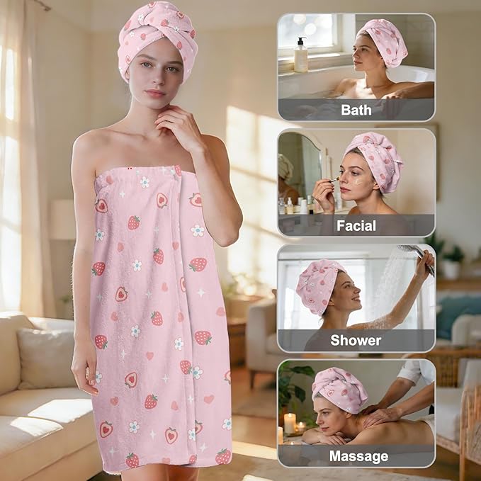 Absorbent Bath Towel Wrap Set for Women, Pink Strawberry Print Towel Wrap After Shower, Microfiber Shower Robe Body Towel Wraps for Women, Quick Dry Hair Towels Wraps for Spa Hotel Beach Girl