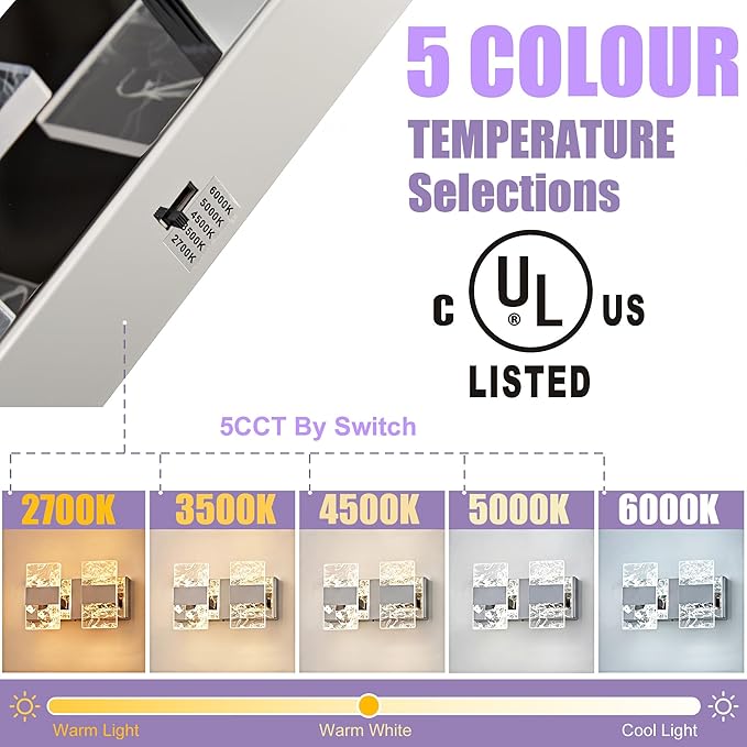 Modern LED Bathroom Light Fixtures Dimmable 2-Light Chrome Vanity Light, 5CCT Adjustable Lighting Fixture Vanity Lights Over Mirror, Smoked Acrylic LED Vanity Lights for Bathroom