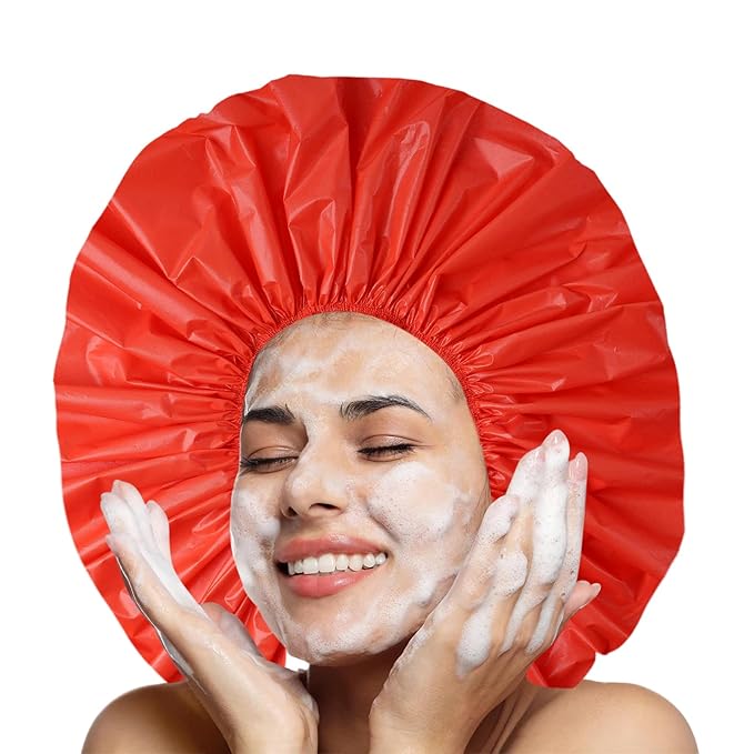 Jumbo Size Shower Cap 2 PCS Waterproof Shower Caps for Women, Extra Large Shower Cap, Reusable Super Large Bath Caps Hair Cap for Long Thick Curly Hair, Locs, Twist Braids - Black+Red