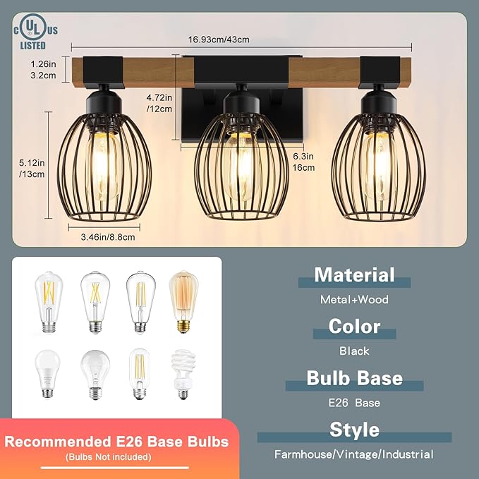 3-Light Farmhouse Bathroom Vanity Light Fixtures, Rustic Wood Bathroom Light Fixtures Over Mirror with Elegant Teardrop Cage, Vintage Black Wall Sconce Lighting for Bedroom Powder Room Kitchen
