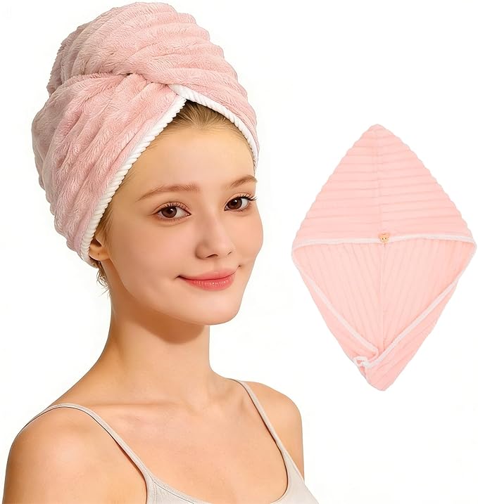 Microfiber Hair Towel Wrap for Women, Soft Lightweight Quick Dry Turban, Drying Hair Towels for Women, Hair Drying Towel with Button for Curly & Long Hair - Pink (Note: This model is ultra-slim.)