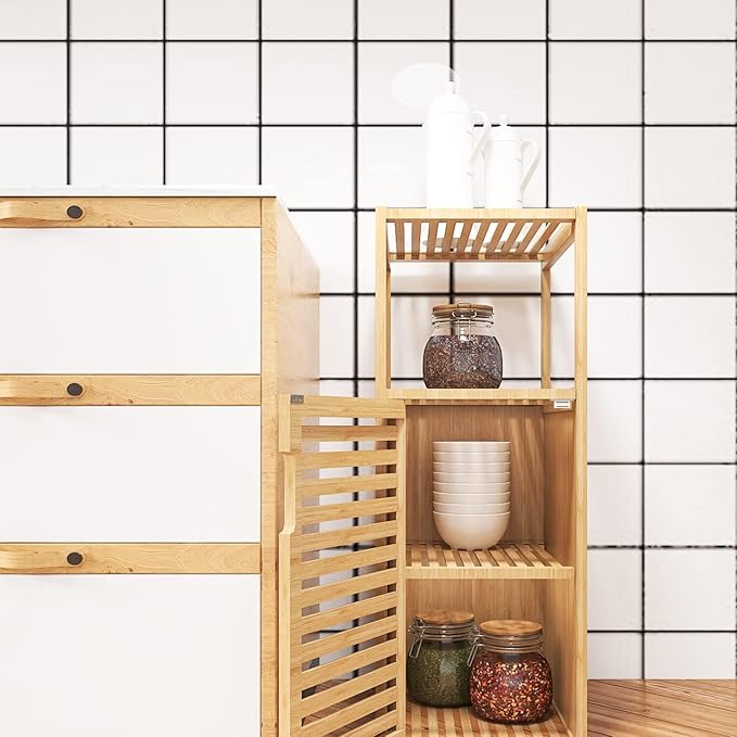 Bathroom Bamboo Storage Cabinet, Freestanding Floor Cabinet with Door and Shelf for Bathroom, Living Room, Bedroom, Hallway, Kitchen