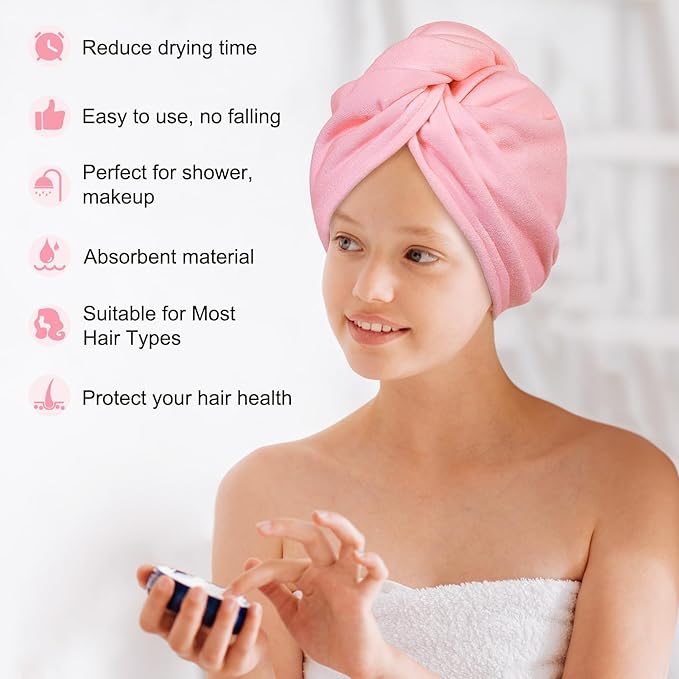 Basumee Microfiber Hair Towel Wrap for Kids 2 Pack Rapid Drying Hair Towel with Button Hair Turbans for Wet Hair Wraps Head Towel Wrap for Women and Girls