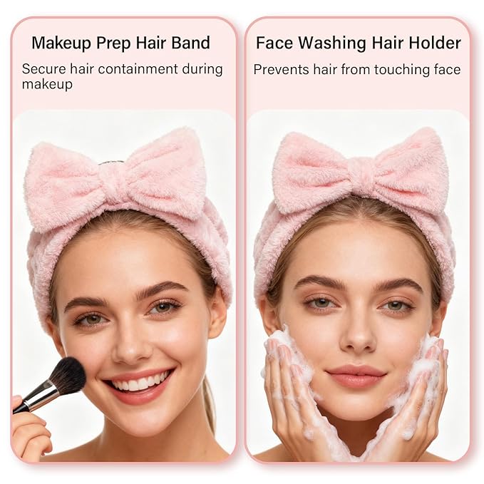 Spa Headbands,Makeup Headbands for Women,Facial Headband Bulk,Soft Coral Fleece Headband for Makeup,Cosmetic Head Wraps,Bow Hair Bands for Face Washing Shower Skin Care (pink, 12pcs)