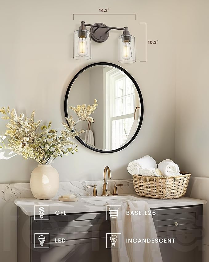 FEMILA Bathroom Vanity Light, Vanity Lighting fixtures, Modern Wall Sconce Bathroom Lighting with Claer Glass Shade, 2-Light Bathroom Light Fixtures, Oil Rubbed Bronze Finish, 4FYC56B-2W ORB